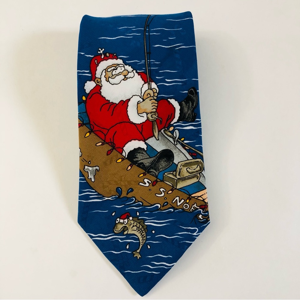 HALLMARK SpecialTIES Vintage Fishing Santa Claus Christmas Tie Blue Red Holiday